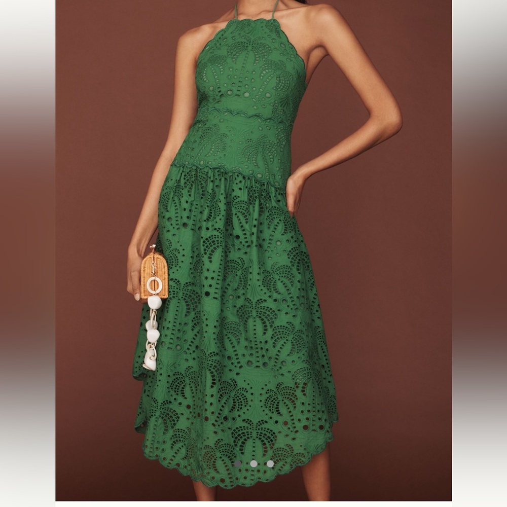 FARM Rio Green Eyelet Midi Dress